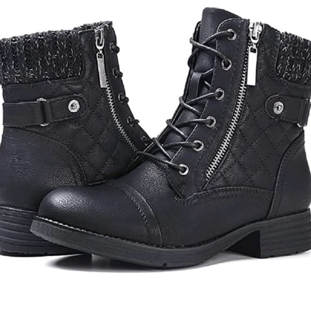 Quilted Lace-Up Black Combat Boots with Side Zip